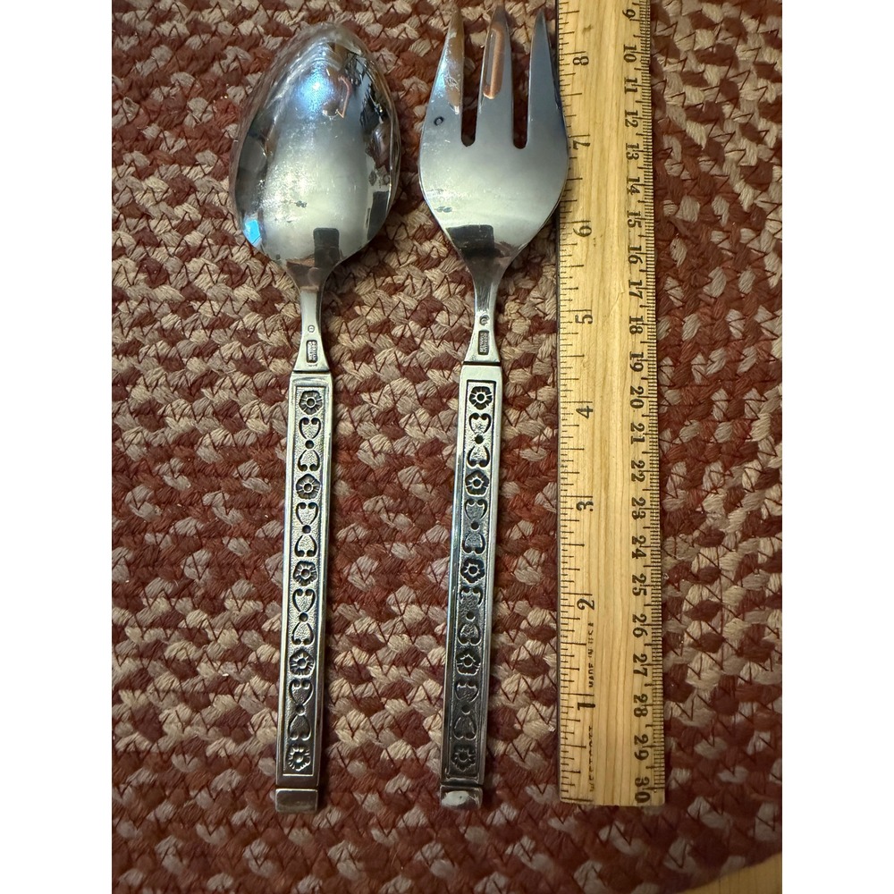 Gorham Salad Serving Set OS Silver Vintage Floral Heart Stainless Steel - Picture 2 of 4